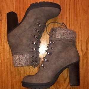 Charlotte Russe Taupe Knit Cuff Lace-Up Heeled Boots